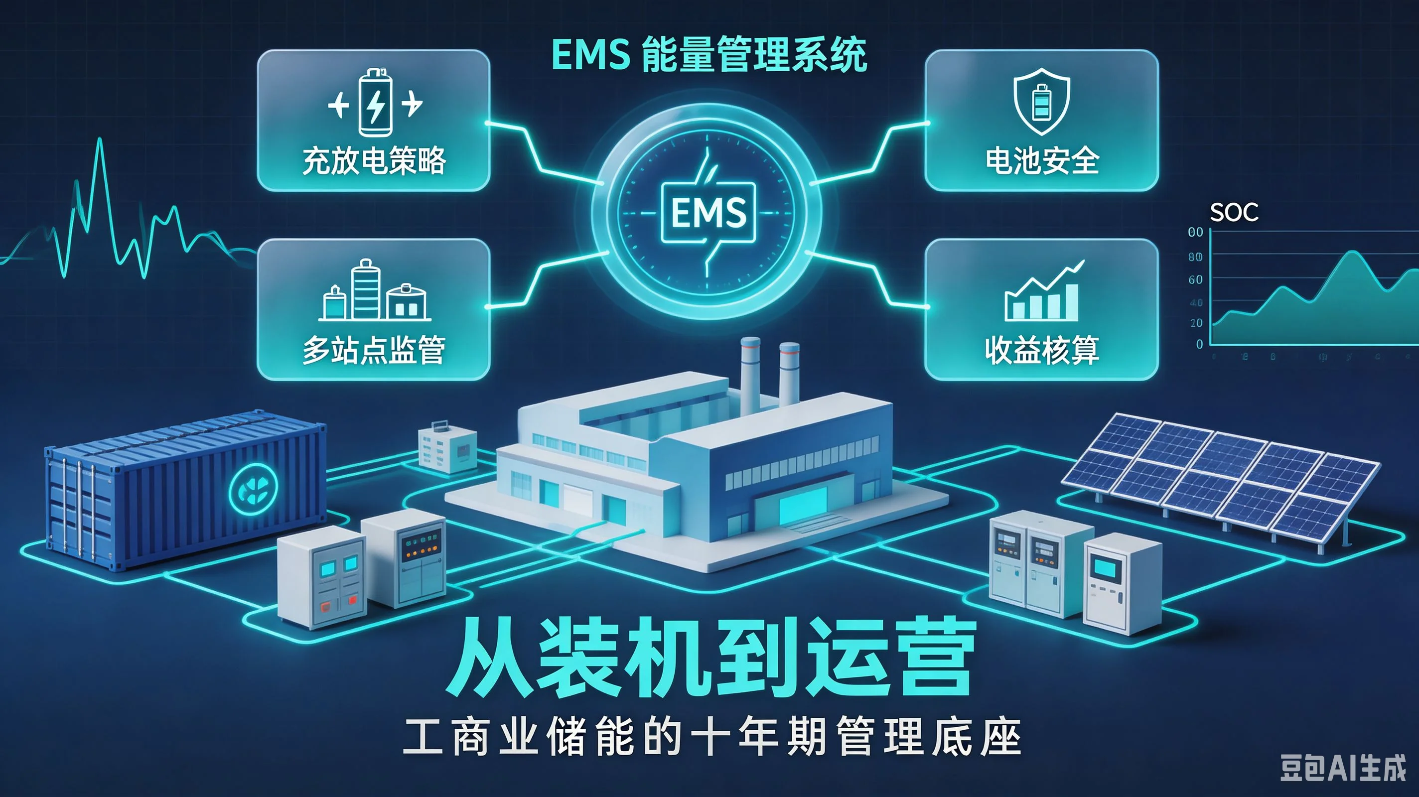 産業用蓄電EMSの構成図：蓄電キャビネット・コンテナ型蓄電所・太陽光併設駅の三シーンが、現場版・Web版・大画面版・クロスプラットフォームクライアントの四形態で統一された時系列データ基盤・警報体系・収益基準を共有する構成