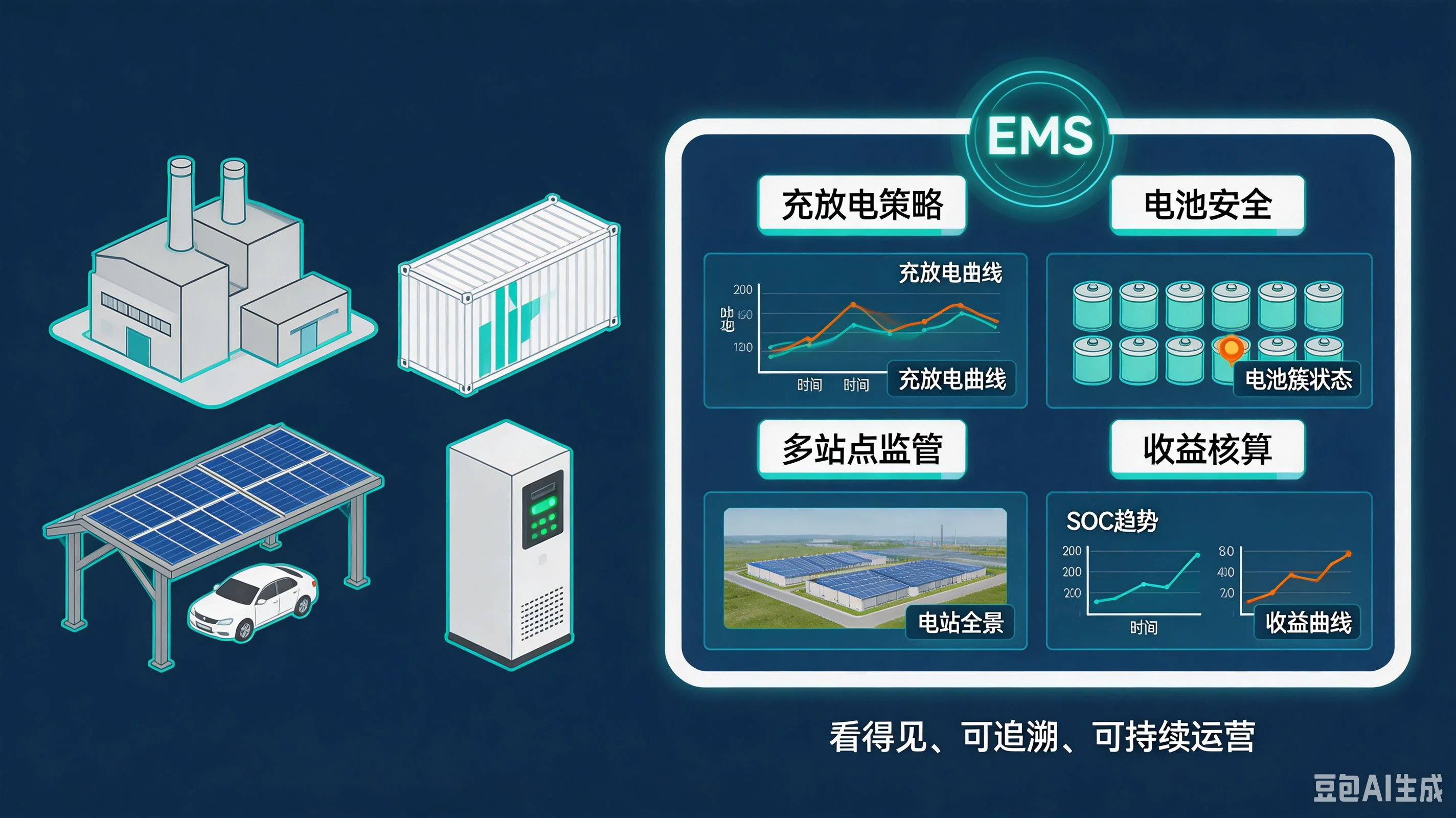 蓄電EMSの四大管理対象の概要図：充放電戦略管理、安全管理と連携、複数サイトの集約監視、収益統計分析とその具体的内容
