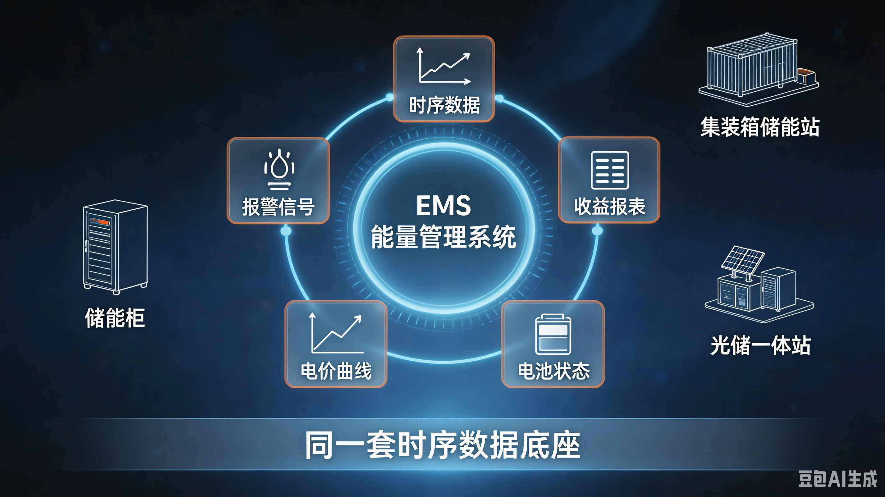 蓄電EMSの通信プロトコルと設備接続の概要図：BMS・PCS・消防盤・電力計測器・温煙感知器がModbus TCP/RTU、CAN、OPC UA、MQTT、シーメンスS7、三菱MCなどでEMSプラットフォームに接続