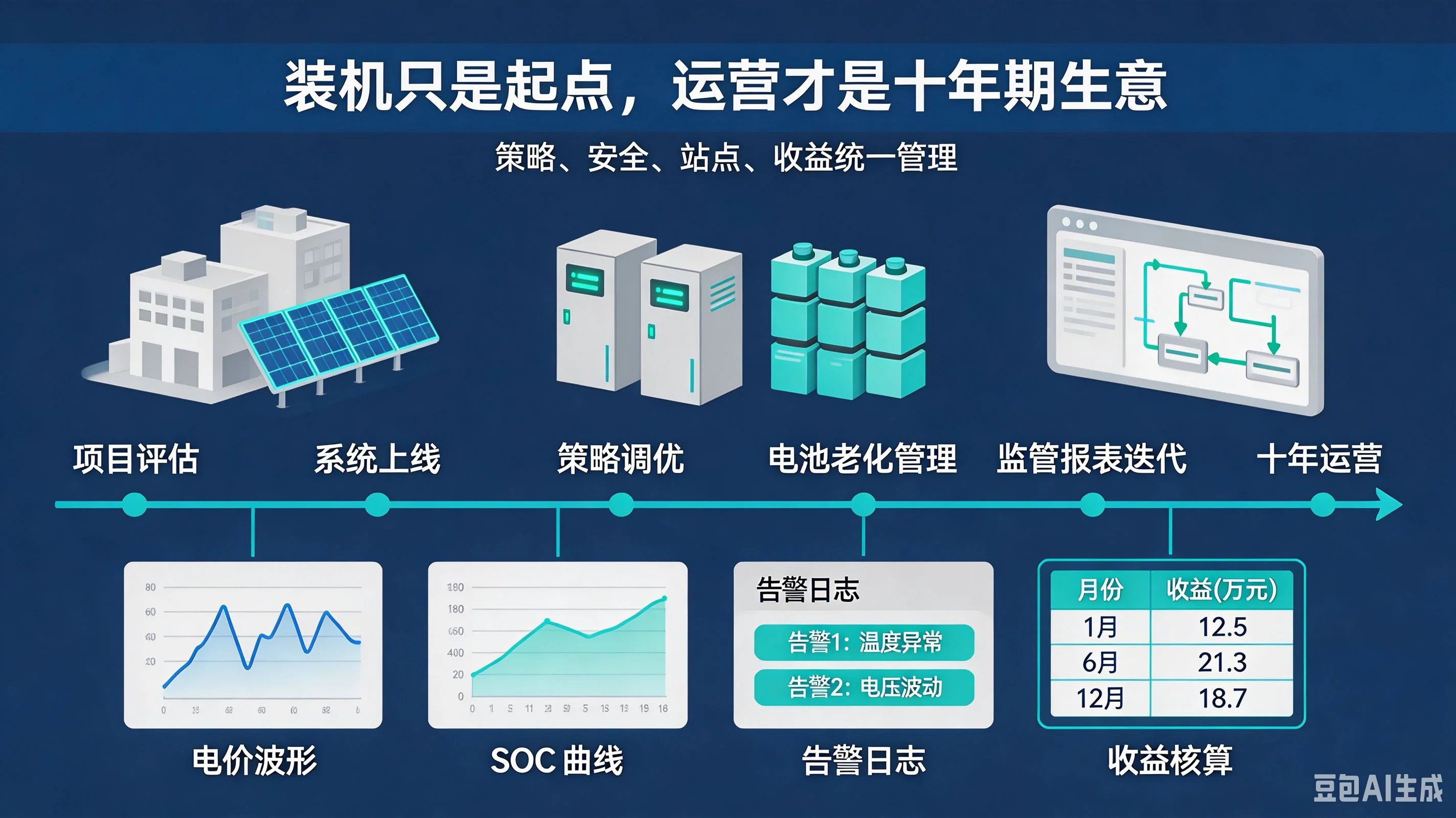 蓄電の十年運営期における長期サービスの概要図：戦略の反復更新、電池健康管理、増設接続、コンプライアンス対応の四つのラインと、ソースコード納品・遠隔調整・年次保守・エンジニア直接対応のサービス方式