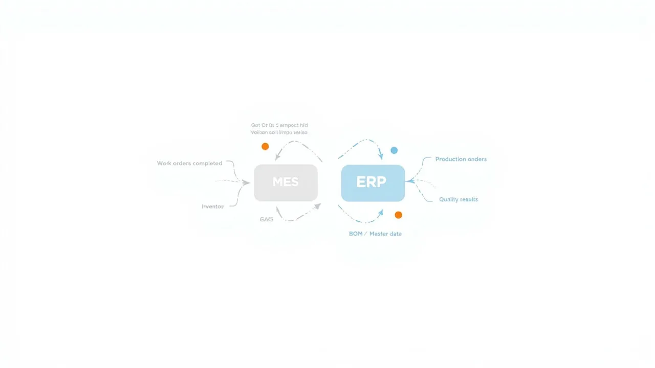 MES→ERPおよびERP→MESの代表インターフェース一覧図：実績・在庫・品質データの上りと、生産計画・マスタデータの下り
