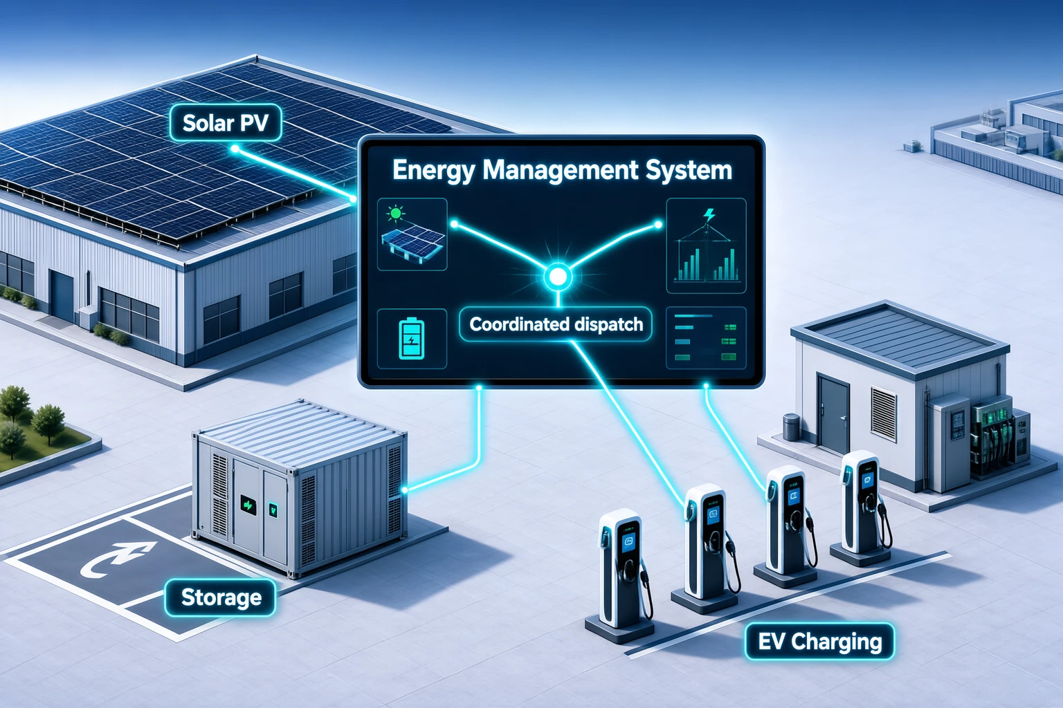 太陽光発電・蓄電・EV充電を一つのエネルギー管理システムで統合する光貯充EMSの概要イメージ