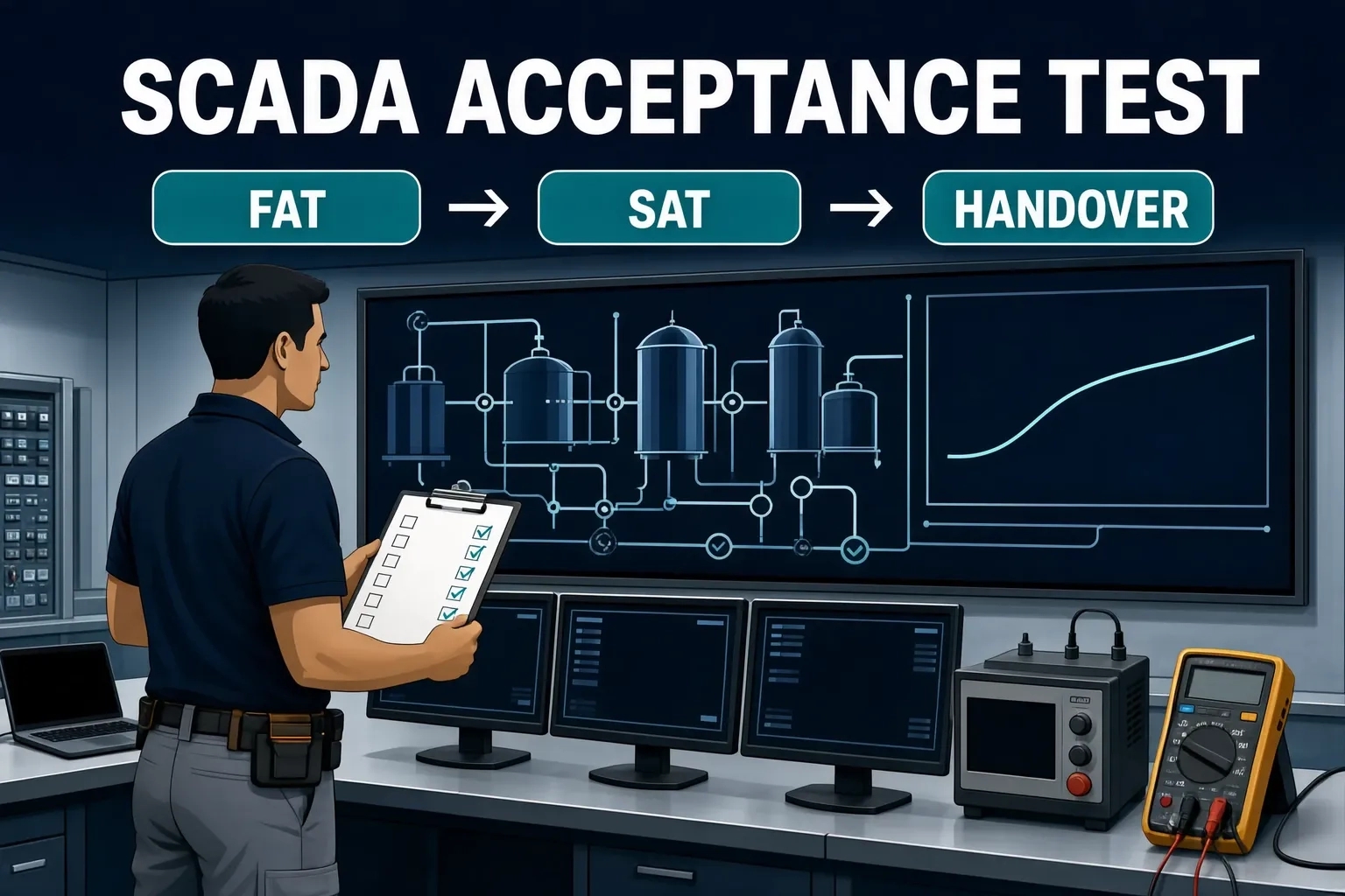 SCADA受入試験（FAT/SAT）のイメージ：監視画面・チェックリスト・計測器を並べた検証シーン